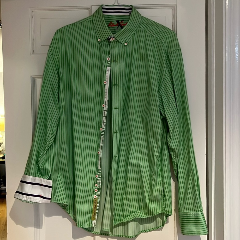 Men’s Robert Graham shirt, size, XL, green, and white stripe